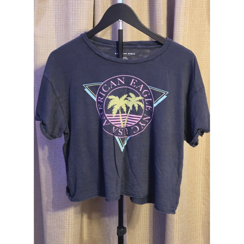 American Eagle Palm Tree Graphic Crop Top‎ Women's Size Large Blue